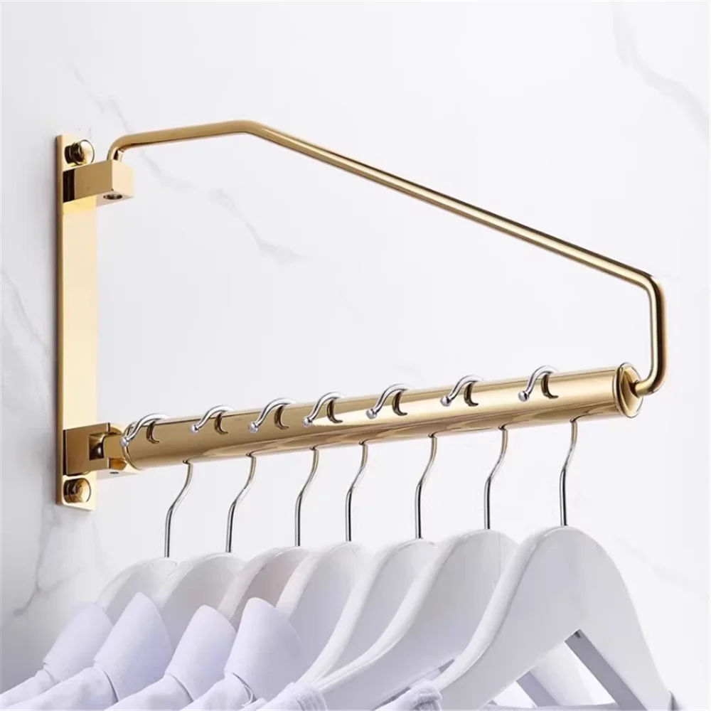

Brushed Gold Wall Mounted Clothing Hanger Holder Folding Chrome Clothes Drying Rack Brass Gold Clothing Hanger Organizer Rack