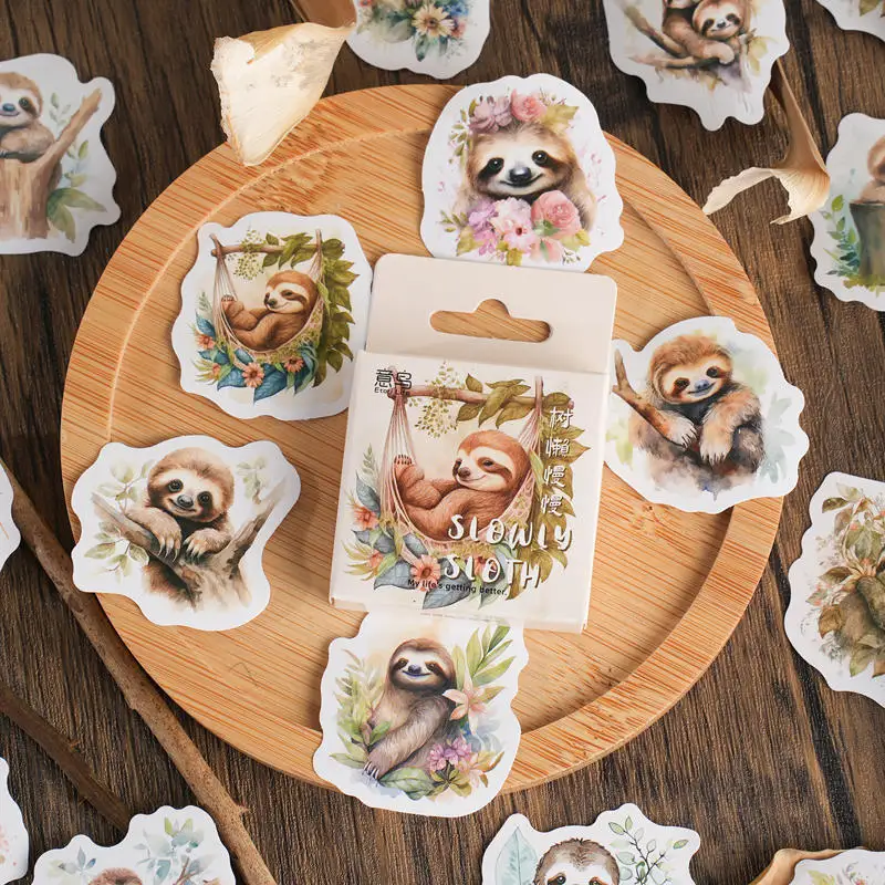 46pcs PVC Cute Cartoon Animal Sloth Collage Rich Patterns Student DIY Stationery,Cups,Mobile Phones Decoration Stickers