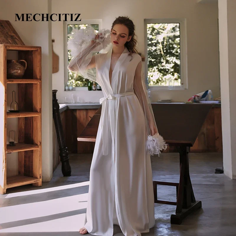 

MECHCITIZ Women Long Silk Robe Bride Wedding Pajamas White Satin Lingerie Bathrobe Female Sexy Sleepwear Mesh Homewear Robes