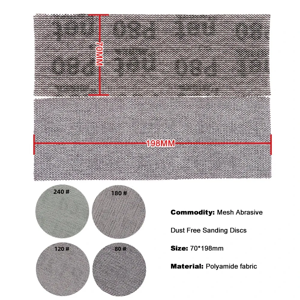 50Pcs/Box Mirka Mesh Abrasive Sanding Discs Grit 80 to 320,70 x 198mm Hook Loop Anti-Blocking Net Sandpaper for Auto Woodworking