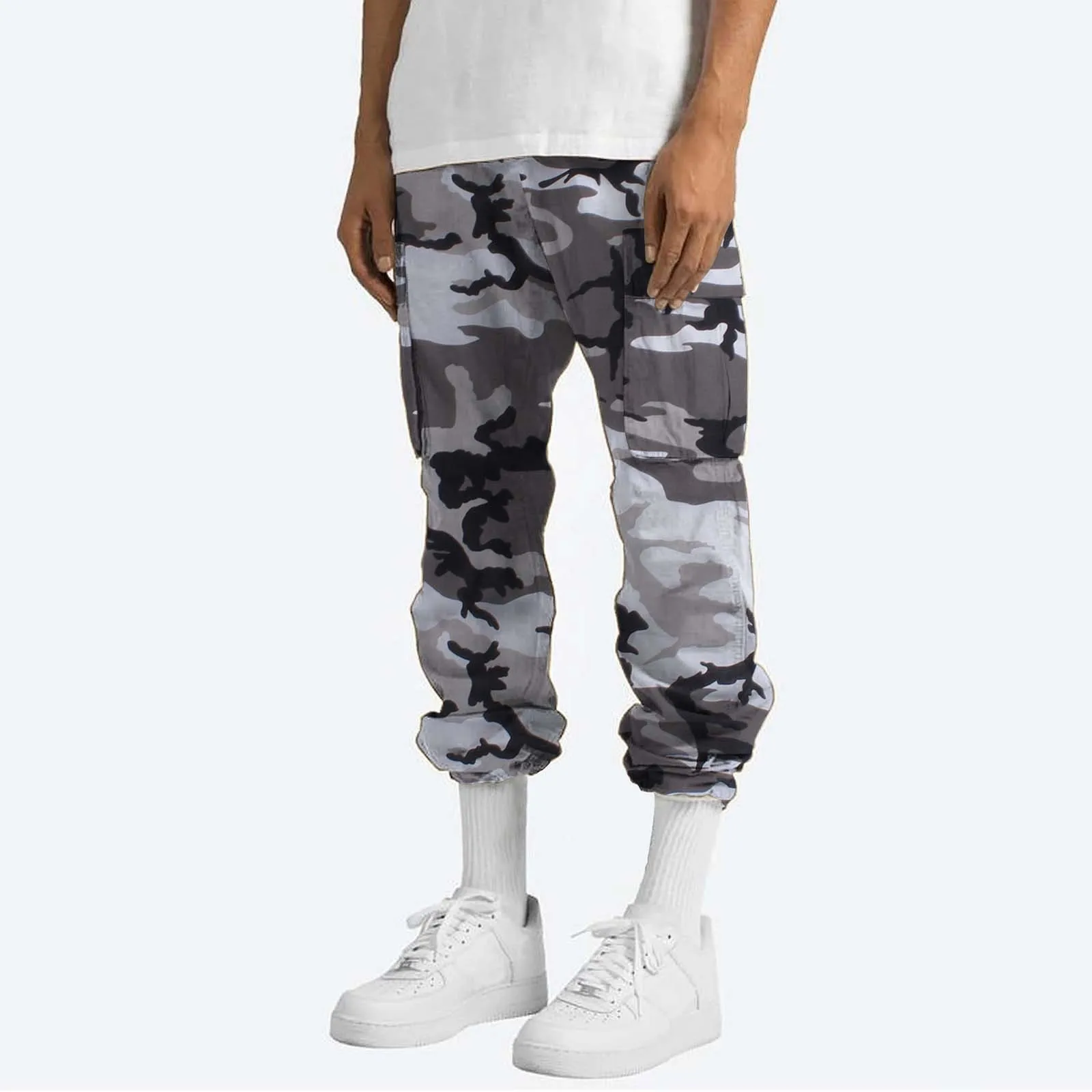 Macacão de bolso múltiplo masculino camuflado, calça longa, reta de cintura alta, gravata com cordão, moda todos os pares, casual