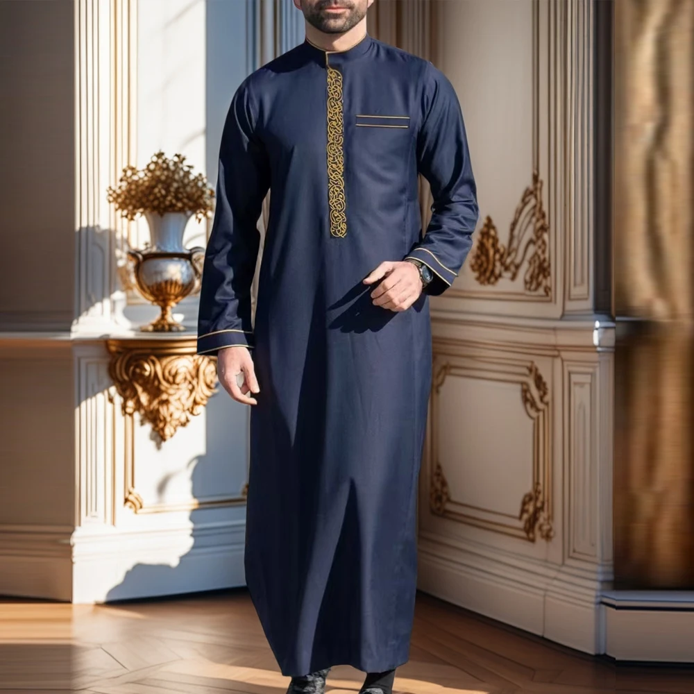 Arabic Robe Muslim Men's Thobe Prayer Dress Festive Clothes Stand Collar Long Sleeve Embroidered Ethnic Style Islamic Clothing