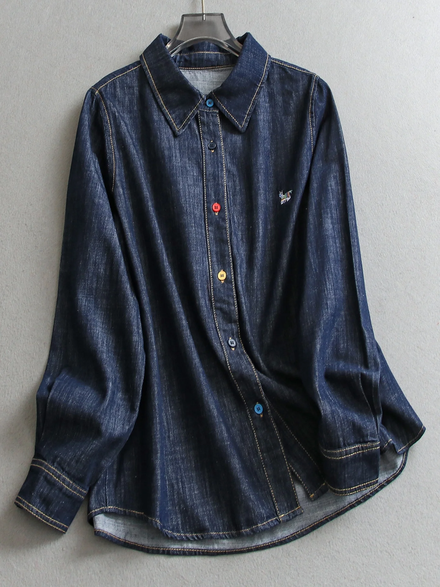 

Deep Blue Cartoon Embroidery Loose Casual Long Sleeve Women's Denim Shirt Jacket Spring New Style Versatile Slimming Outerwear