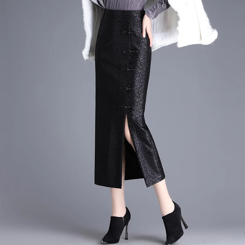 Zuzk retro botão splice meados de comprimento bodycon saia feminina outono inverno novo estilo emagrecimento alta qualidade saia de fibra de poliéster