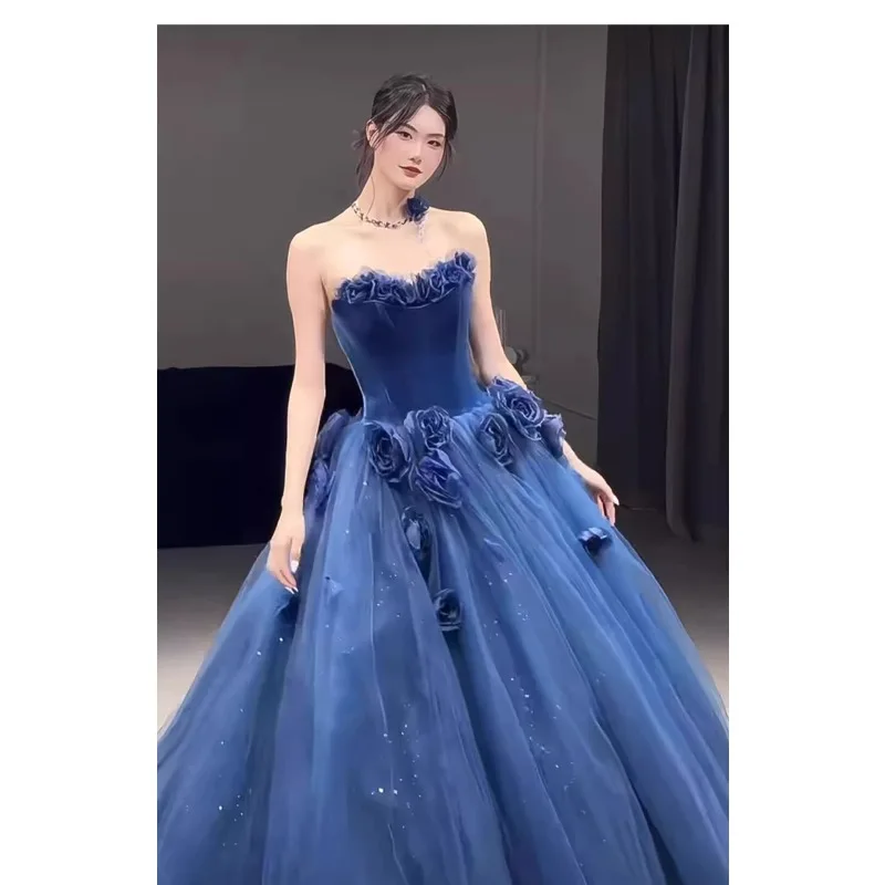 فستان سهرة فاخر باللون الأزرق بمزاج اجتماعي وخفيف الوزن للنساء، فستان كبير للتخسيس والولائم للعام الجديد بدون حمالات