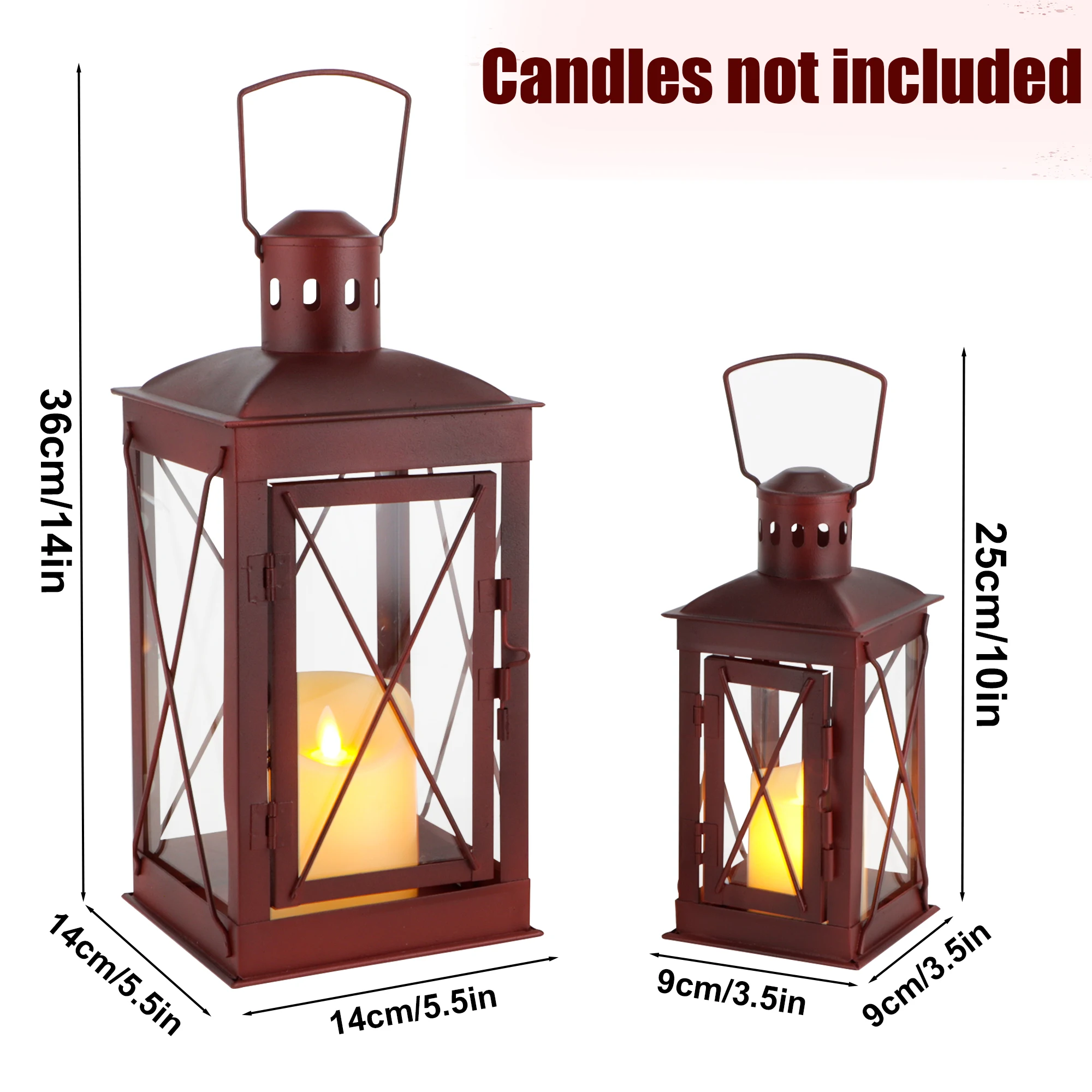 Set of 2 Decorative Candle Lantern 14/10'' High Metal Hanging Lantern with Tempered Glass Perfect for Home Decor Living Room