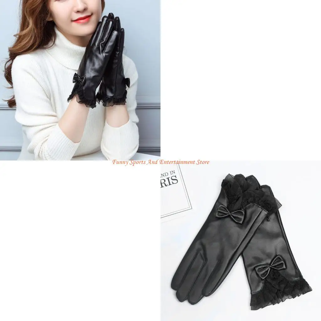 

C4DE Elegant Lady Glove Lace Bowknot Winter Warm Women Faux Leather Full Finger Ski Gloves Warm Driving Motorcycle Gloves