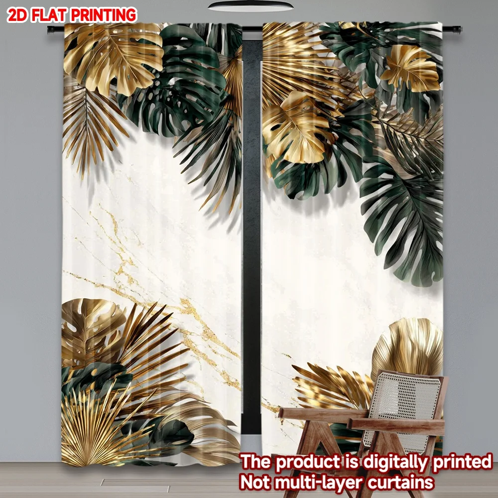 

2D плоские шторы с цифровой печатью, 2 шт., с золотыми тропическими листьями, из полиэстера, для праздничного использования и фотозон