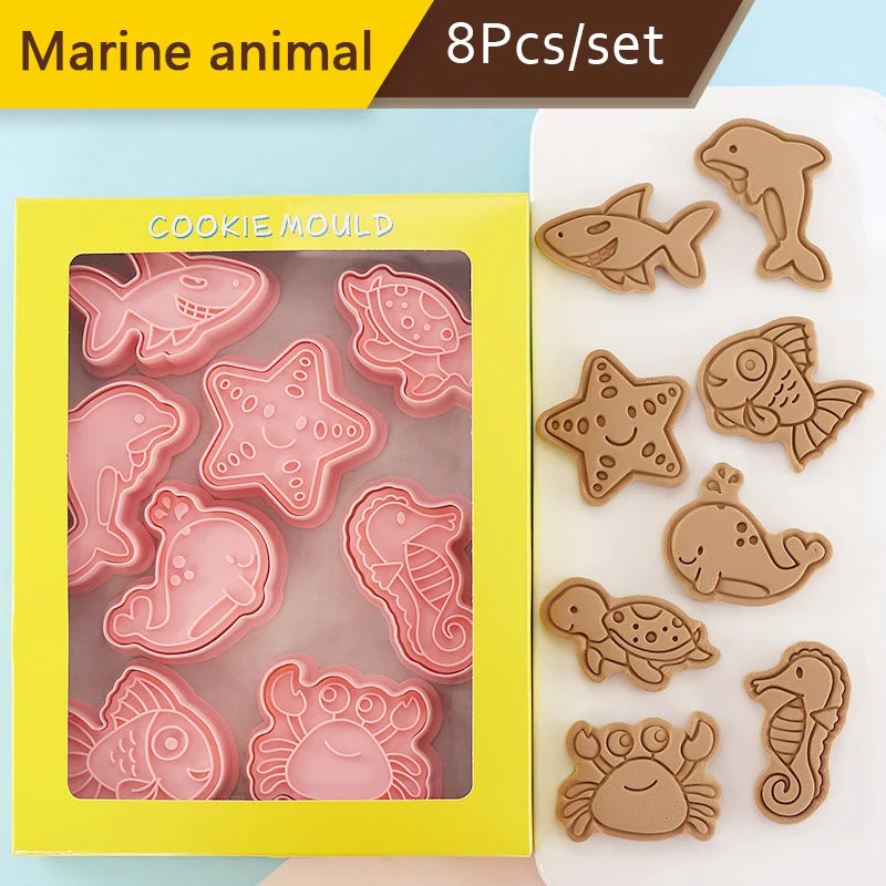 8Pcs/Set Marine Animals Cookie Mould Cartoon Shark Starfish Crab Dolphin Shaped Pressable Biscuit Cutters Cookie Baking Mold