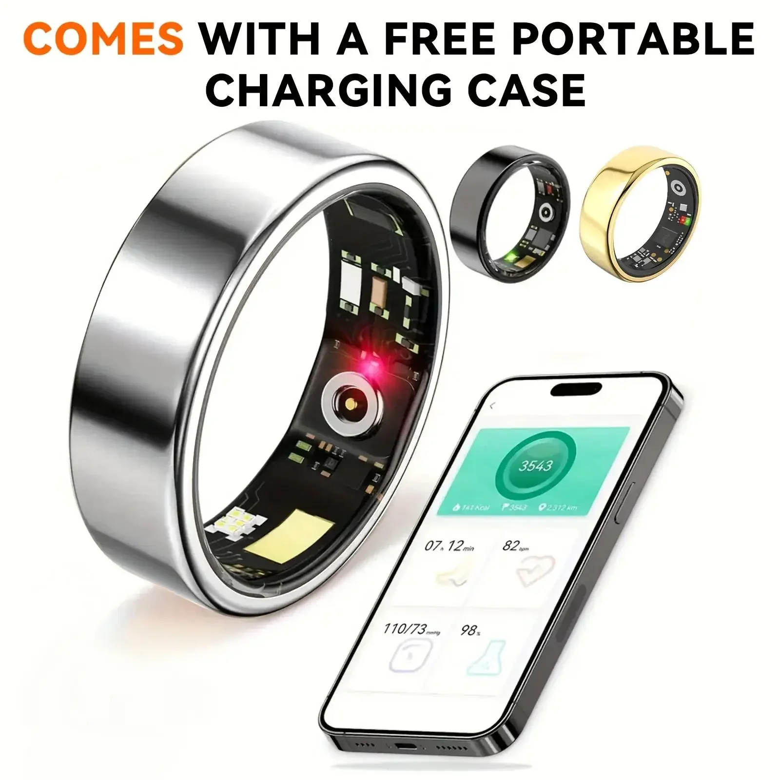 

QINO R22 New Smart Ring Heart Rate Blood Pressure Sleep Monitoring Motion Tracking IP68 Waterproof Men Women Free Charge Case