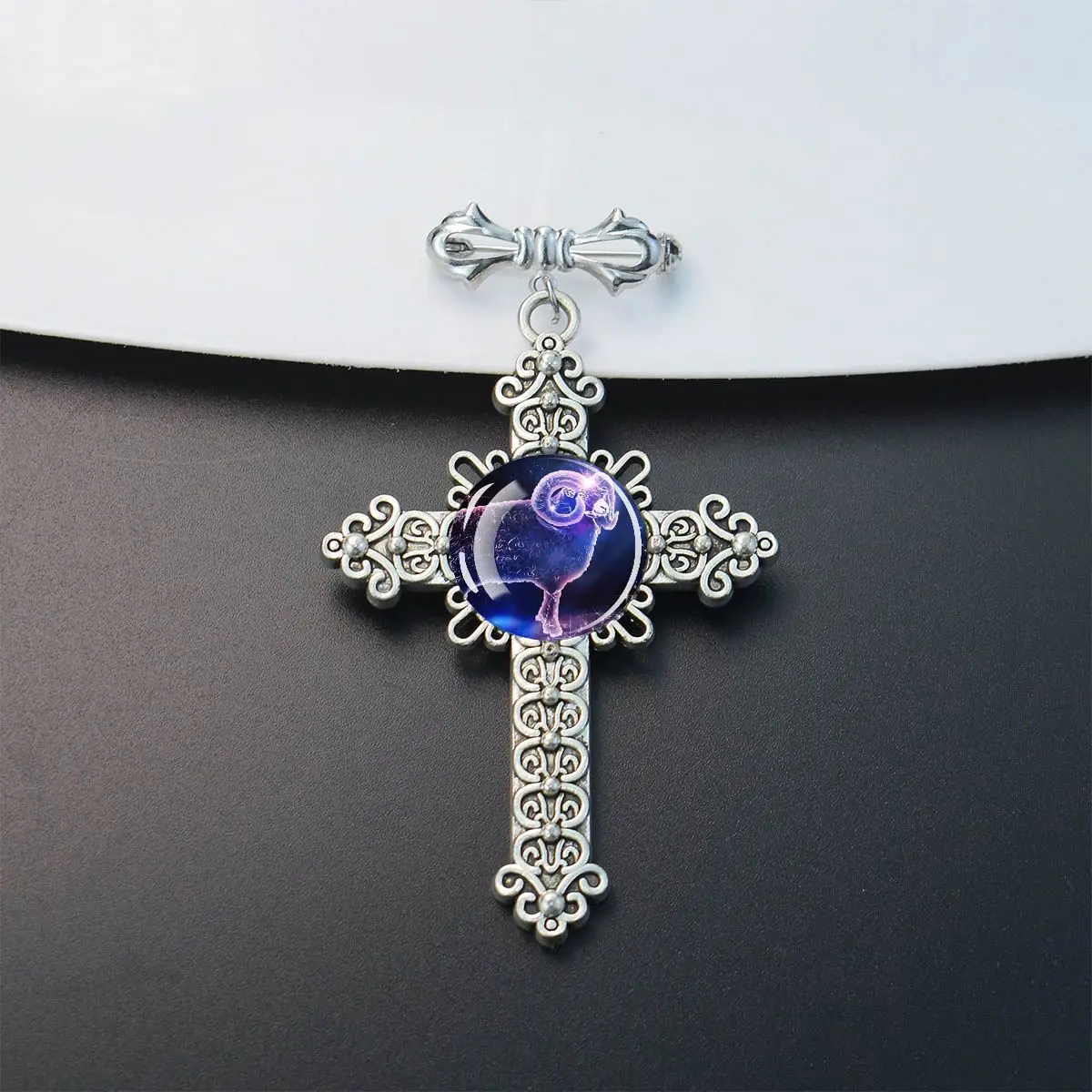 1PC Purple Zodiac Pattern Glass Dome Cross Bow Tie Pin Lapel Pin Birthday Jewelry Accessories Best Gift Constellation