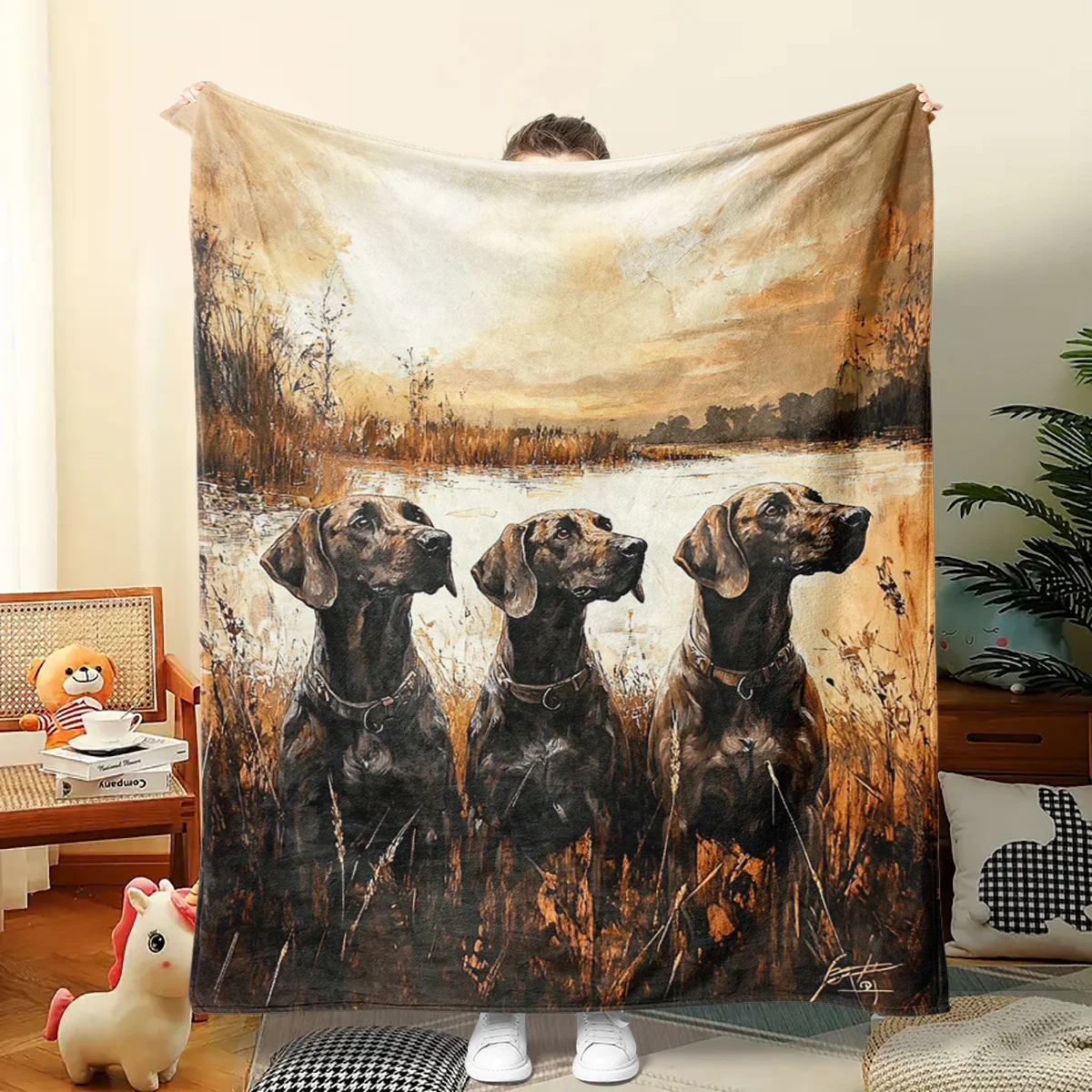 Oil painting style hunting dog theme Flannel printed blanket suitable for all seasons suitable for living office sofa and travel