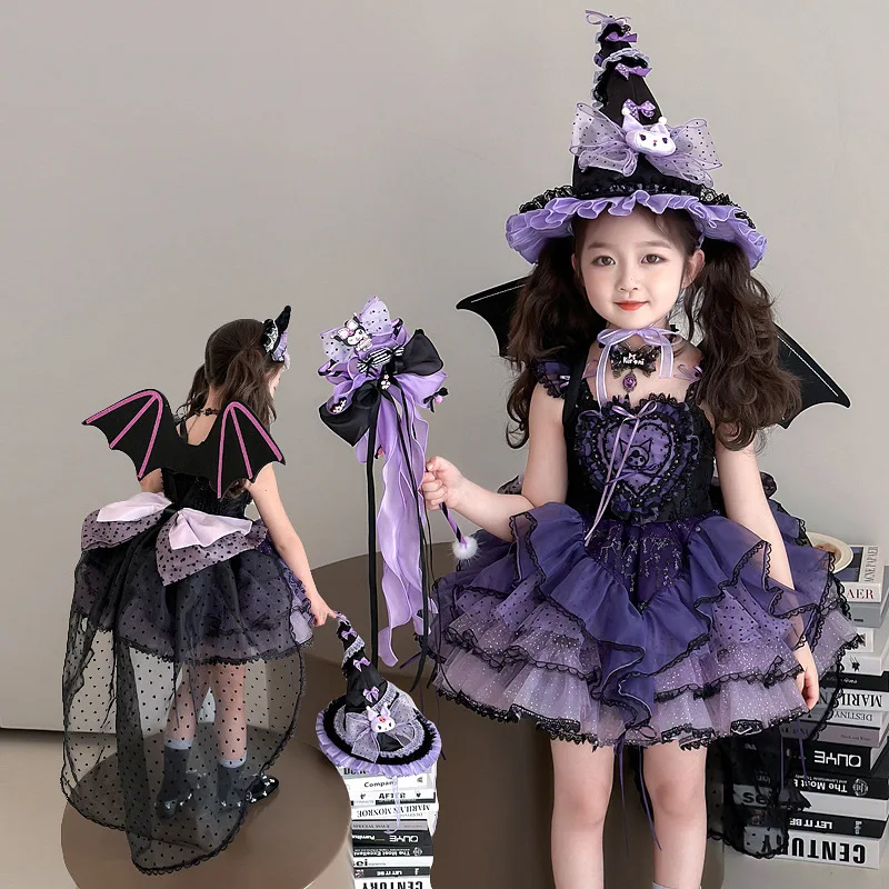

Lolita Princess Dress Miniso Kuromi Children's Cartoon Costume Dress Puffy Party Skirt Suit Girls Kawaii Clothes Halloween Gift