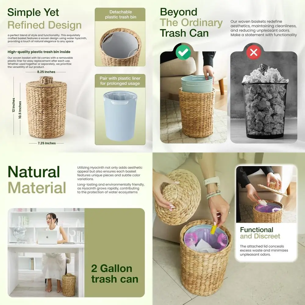 

Water Hyacinth Wicker Trash Bin with Lid - Boho Bathroom Wastebasket for Home and Kitchen