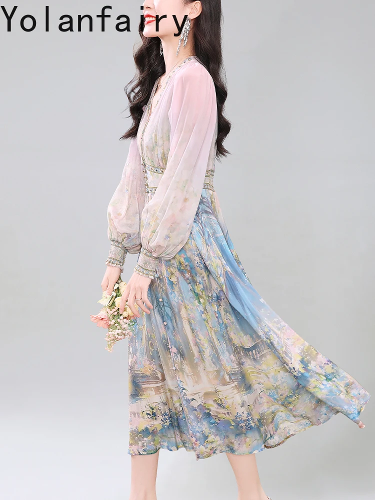 YOLANFAIRY Elegante 100% vera seta di gelso Abiti Donna 2025 Inizio autunno Abito da fata di lusso Abito da donna stampato a maniche lunghe