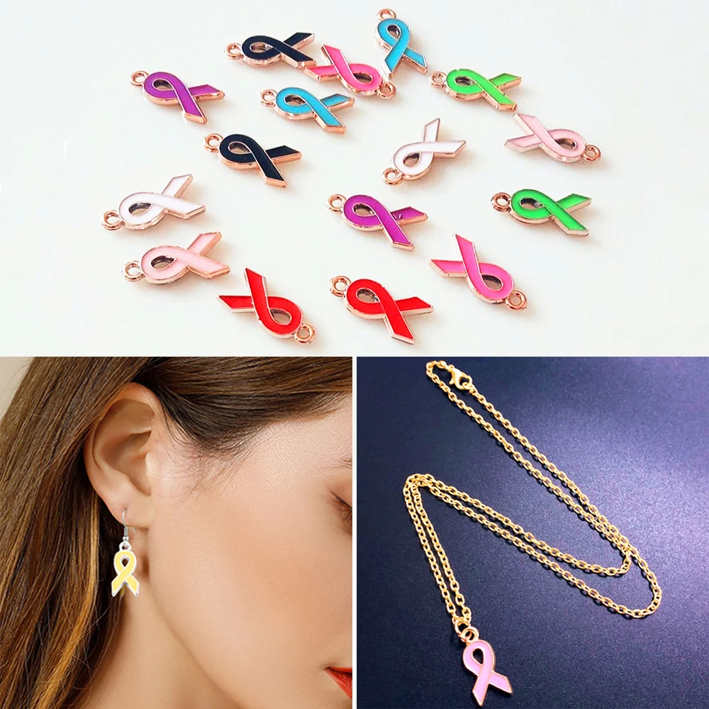 2Pcs Breast Cancer Awareness Pendant Alloy Drop Oil Ribbon Logo Charms Love Prayer For Jewelry DIY Earrings Keychain Accessories