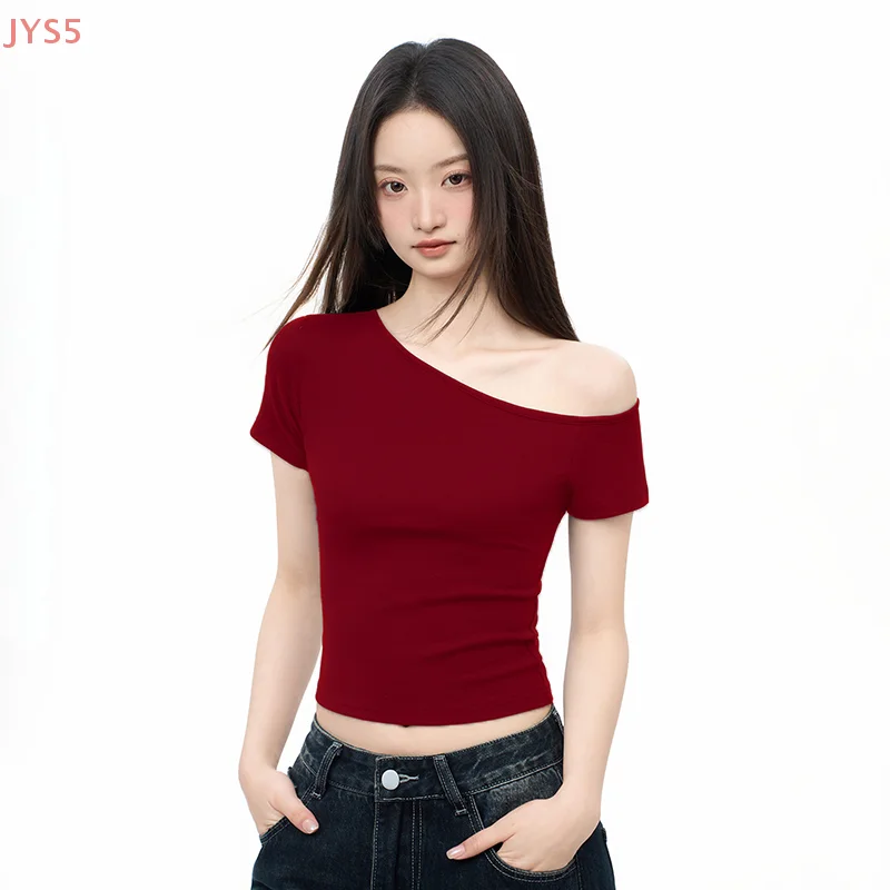 Top a maniche corte con spalla inclinata T-shirt senza spalline estiva in tinta unita design da donna