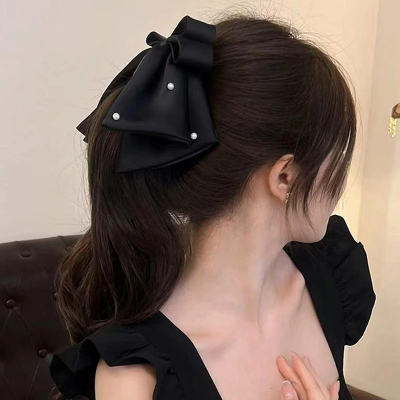 

Satin Bow Hairpins Temperament Headwear Solid Color Pearl Hair Clips For Women Girls Ponytail Hair Accessories