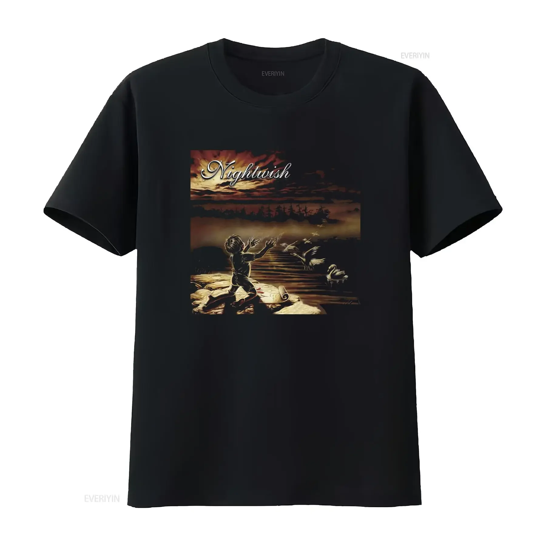 Gothic Dark Vintage Nightwish Rock Band Album Cover Art Swan Print Casual T Shirt vintage Washed Comfortable Stylish Slightly