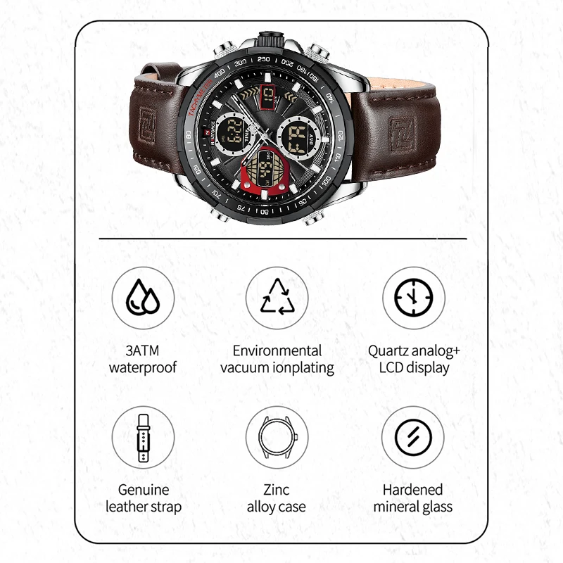 NAVIFORCE Men Watch Analog Digital Sport Chronograph Luxury Man Wristwatch Military Waterproof Genuine Leather Quartz Male Clock