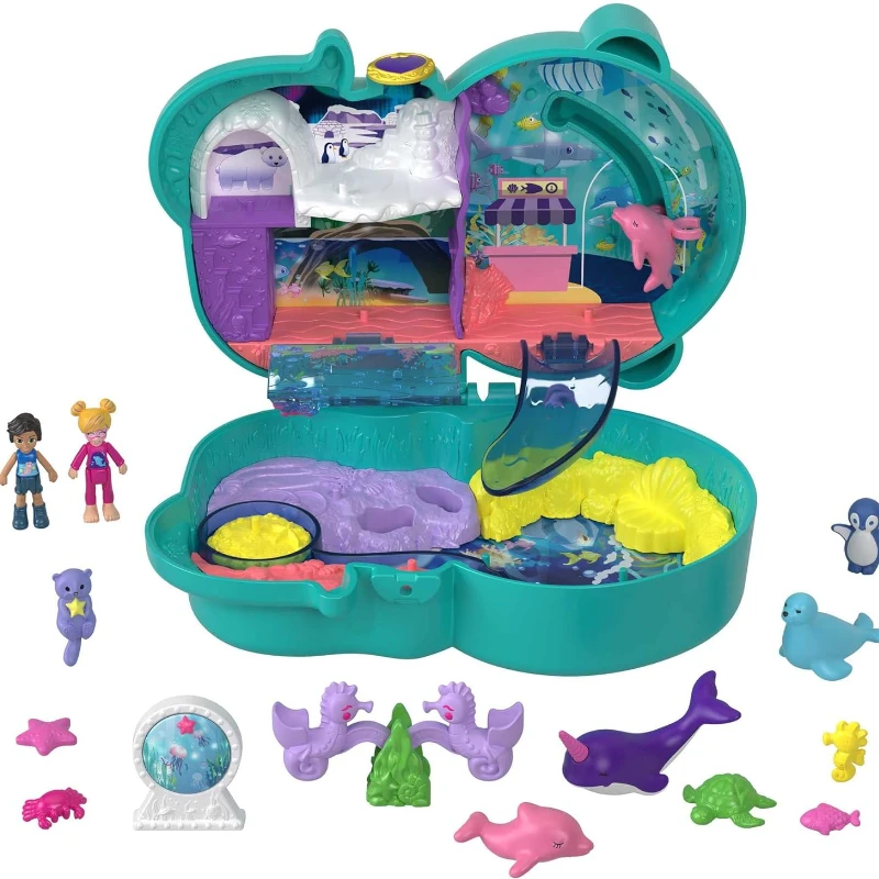 Polly Pocket Compact Playset Otter Aquarium with 2 Micro Dolls & Accessories Travel Toys with Surprise Reveals Holiday Gifts