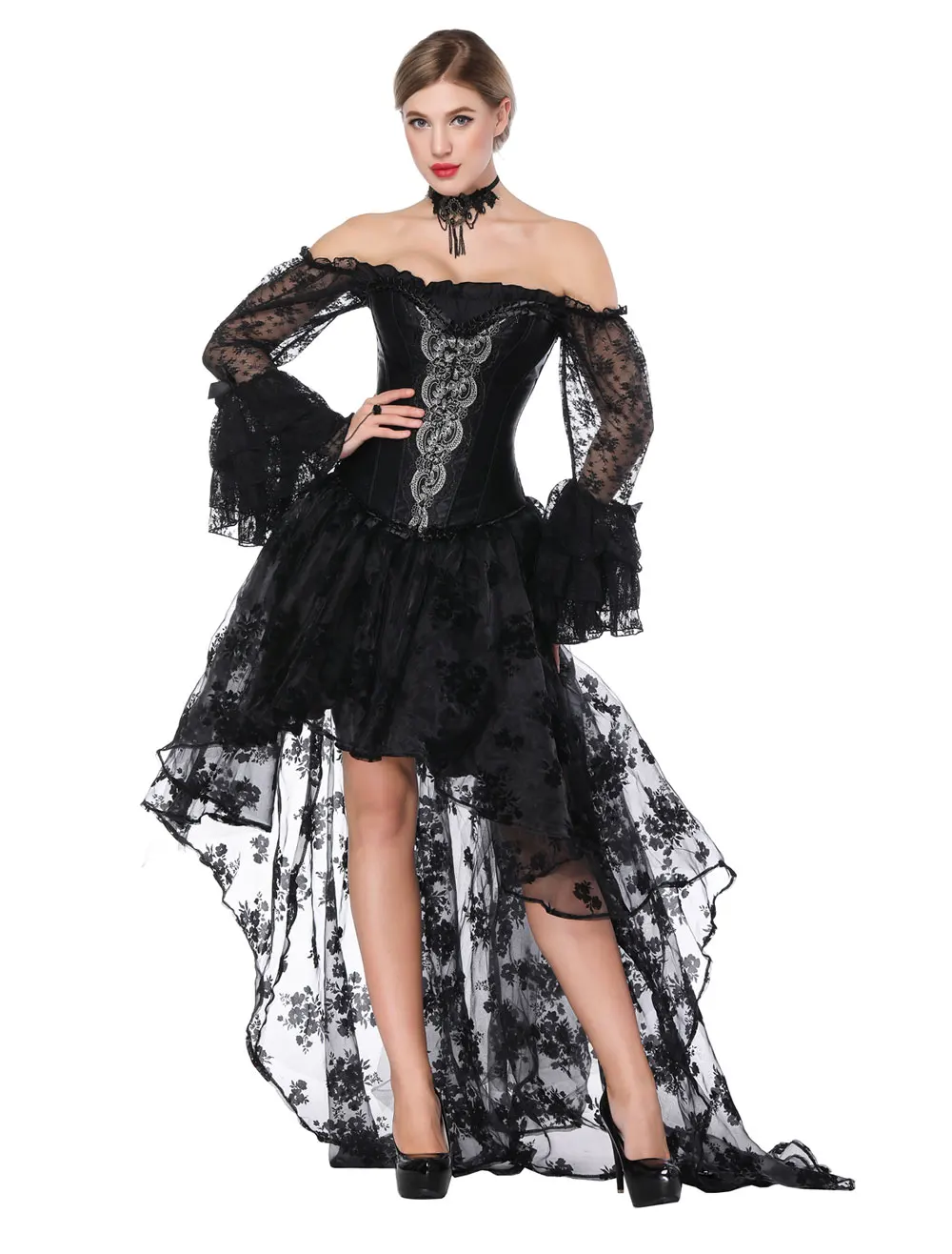 Corset Dress Black Lace Up Overbust With Long Sleeves and High Low Skirt  Halloween Performance Dress