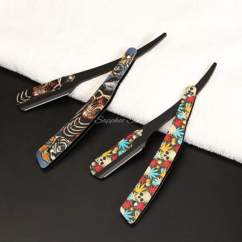 

2025 New Straight Edge Razor Stainless Steel Beard Trimmer Painted Patterns Men's Manual Folding Shaver Barber Shop Shaving Tool