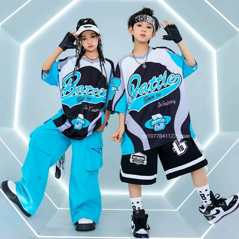 Costume da ballo di strada per bambini, stile hip-hop per ragazzi, abito nero e blu, costume da spettacolo hip-hop di strada esplosivo per ragazze