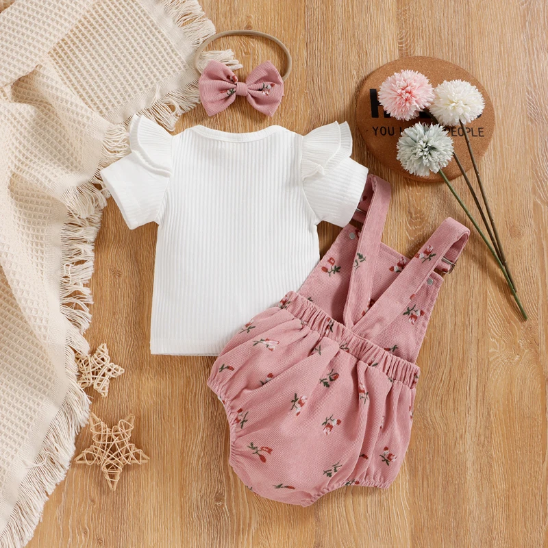 Infant Baby Girl 3PCS Fly Sleeve Round Neck Tops Flower Pattern Suspender Jumpsuit Bow Headband