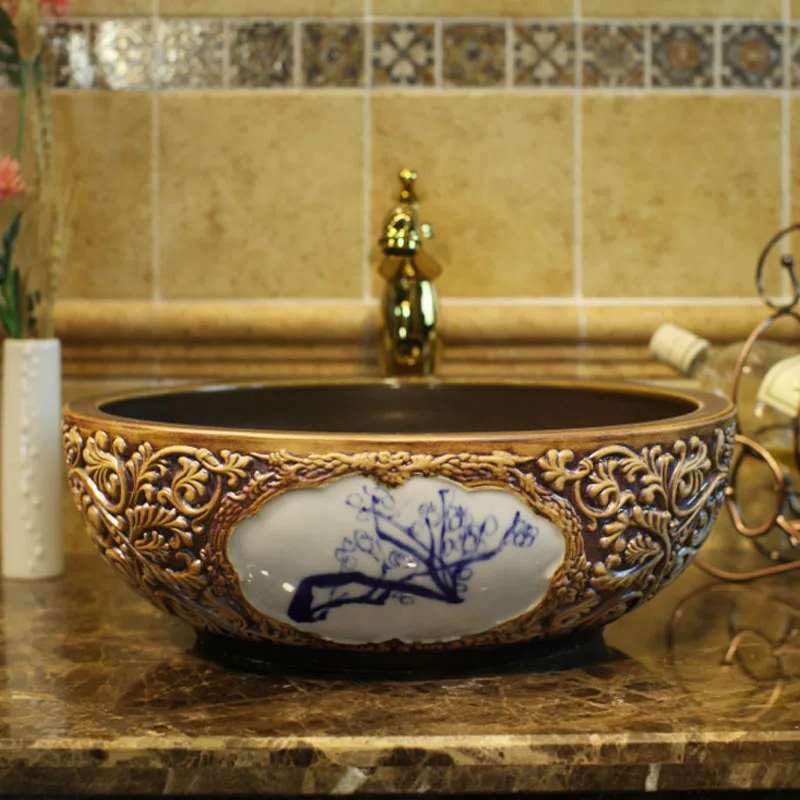 

Porcelain Countertop Lavabo Bathroom Sink vintage vanity sink washbasin brown ceramic wash basin