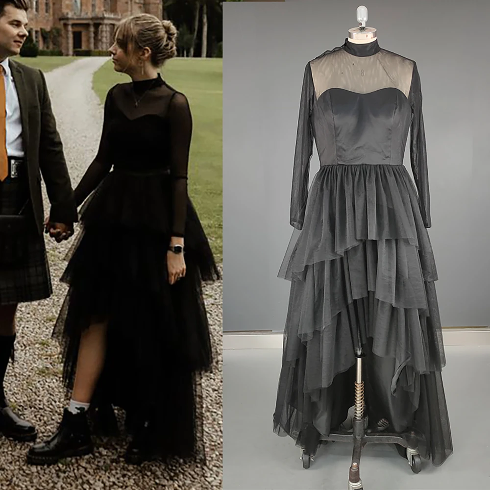 Vestido de casamento de tule de tule de mangas compridas de alta pescoço feito sob encomenda mais tamanho irregular alto baixo preto fotografia de halloween tutu vestido de noiva