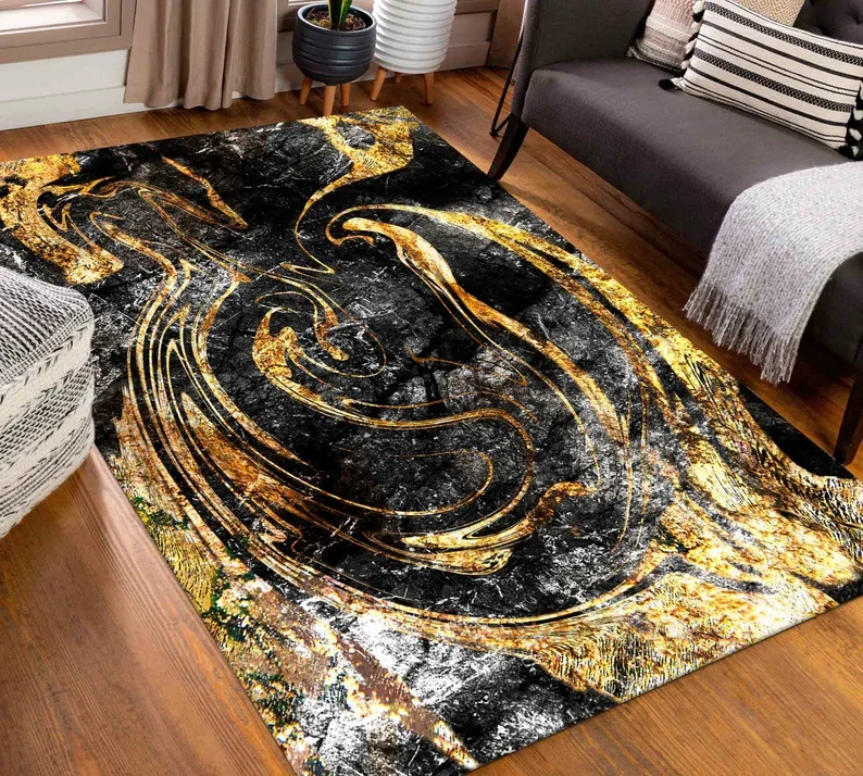 Schwarzer und goldener Marmorteppich, schimmernde Alkoholmatten, Tinte, Wohnzimmer, Schlafzimmer, Heimdekoration, Teppich