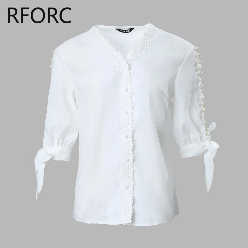 2023 Women Half Long Sleeves Lace Hem Beading Decoration Hollow Out White Blouse Shirt Top