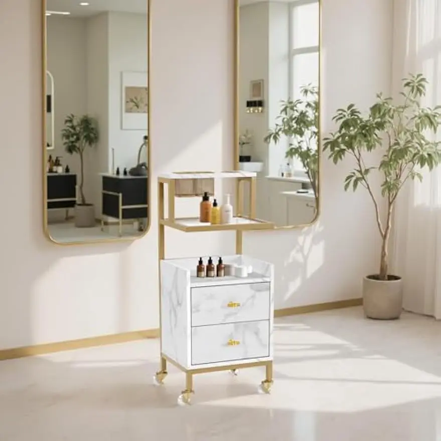 Rolling Salon Trolley 2084 White Medium Storage Drawers Metal Tool Holder Basket Beauty Hair Stylist Equipment