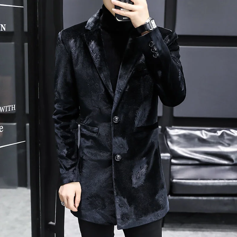 Royal Blue Print Velvet Warm Coat Designer Men Winter Wool Blends Jacket Men Trendy Slim Fit Long Winter Jacket And Coat For Men