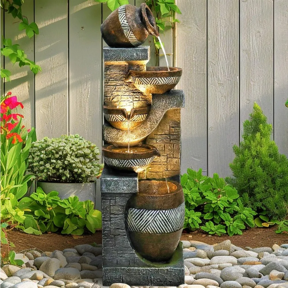 

5-Tiers Indoor/Outdoor Garden Water Fountain - 42.5inches Modern Floor-Standing Cascading Water Feature - Suitable for Deck, Pa