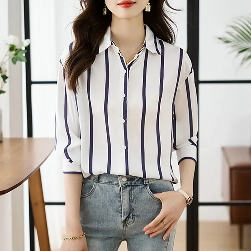 Fashion Long Sleeve Women Shirt Striped Turn Down Collar Chiffon Shirt Blouse Shirts Women Tops Camisas Blusa Blusas Shirts M352