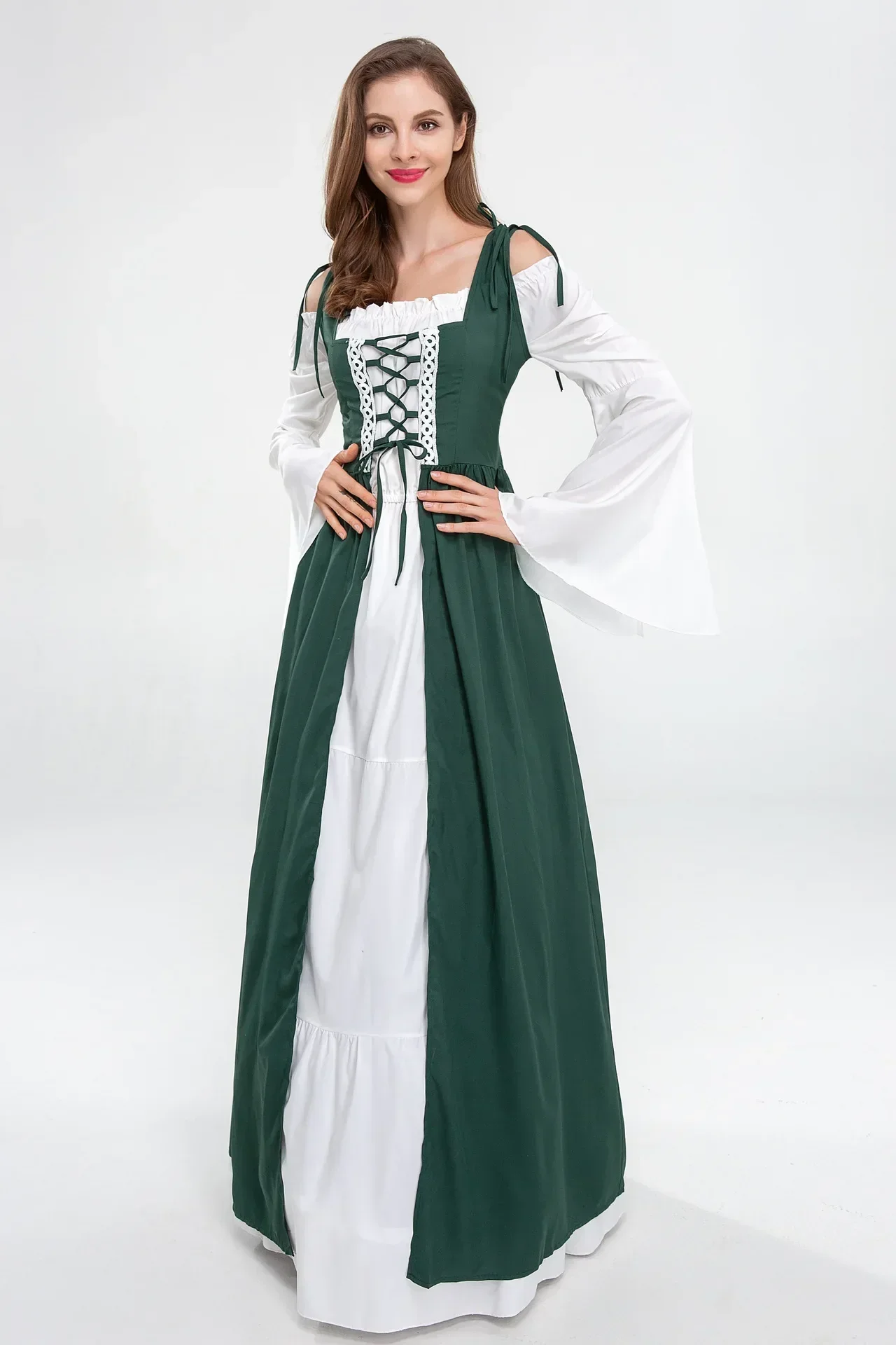 Women's European Medieval Retro Court Princess Cosplay Costume Long Dress Elegant Witch Square Collar Masquerade Halloween Wear