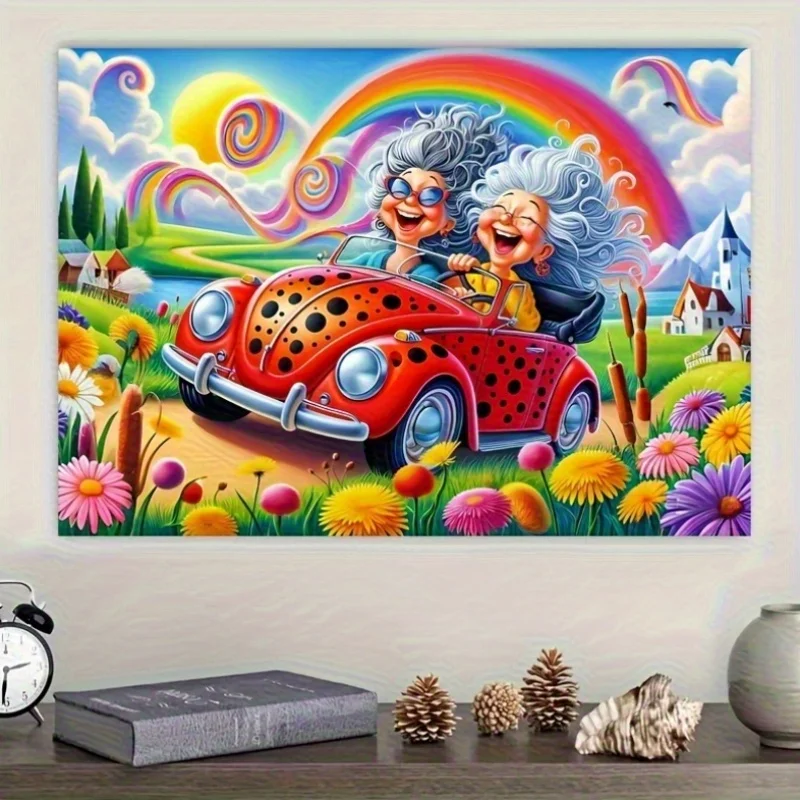 จิ๊กซอว์ 1000 ชิ้น ฉากพี่น้องน้องสาวขับรถ - รถสีแดงสดใสพร้อมผู้สูงอายุและดอกไม้หลากสีสัน แบบไม่มีกรอบ สำหรับคนรักงาน DIY