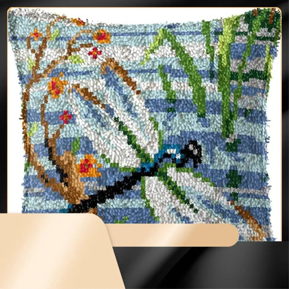 

X40A_XA-Latch Hook Pillow Kit For Adults Kids DIY Throw Pillow Cover Printed Canvas Dragonfly Pattern Handcrafted Crochet Decor