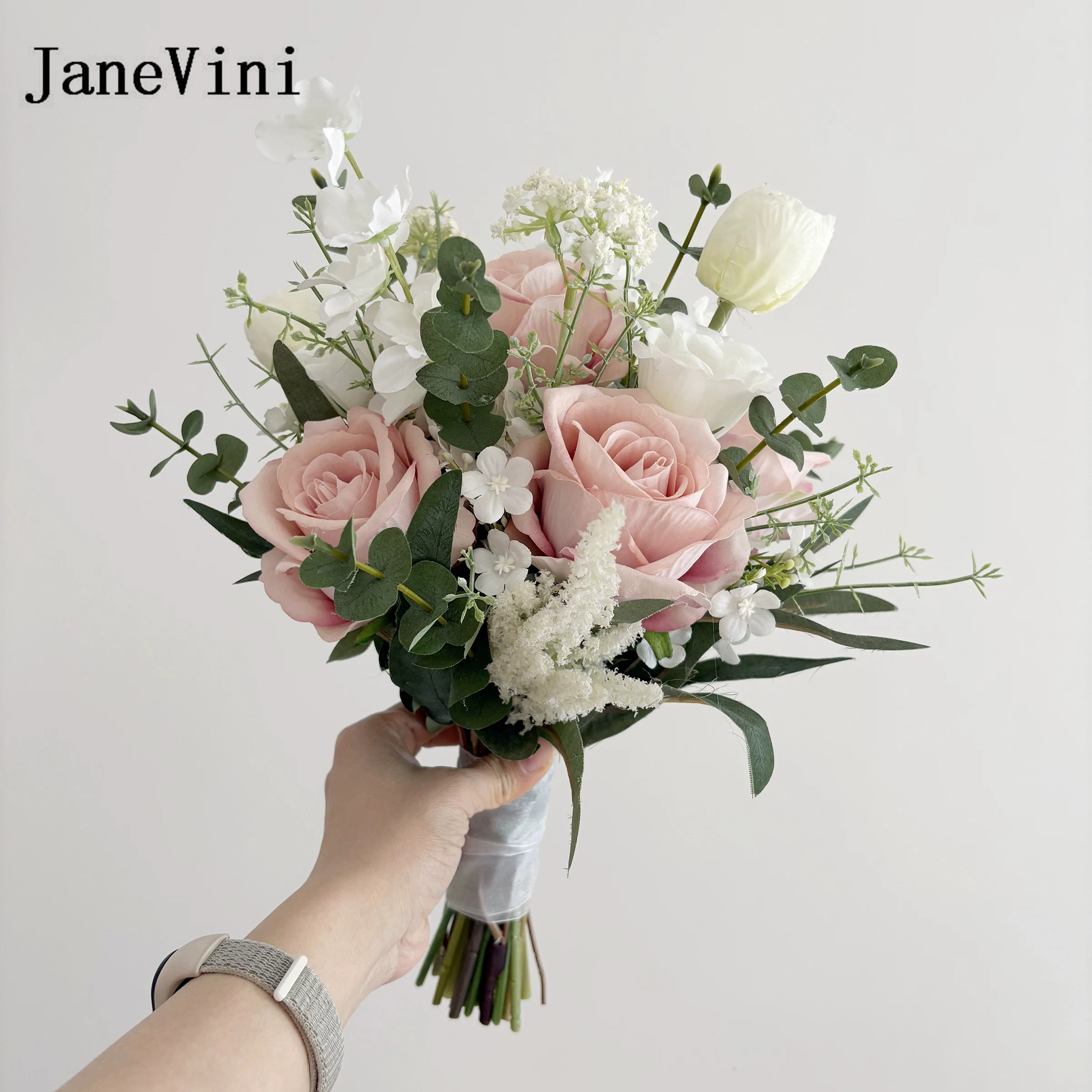 

Свадебные букеты JaneVini из розово-пудровых роз, искусственные цветы для подружек невесты и невесты, свадебные аксессуары для рук, аксессуары для свадебных церемоний