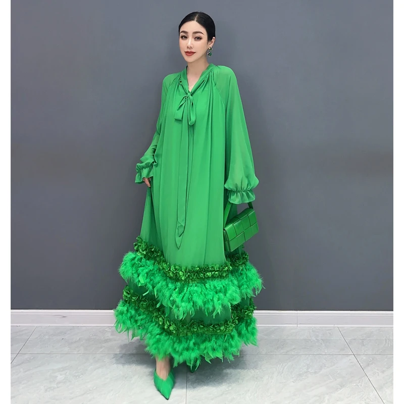 

SuperAen Spring/Summer 2024 New Chiffon Long Sleeve Big Swing Long Feather Elegant Fashion Dresses