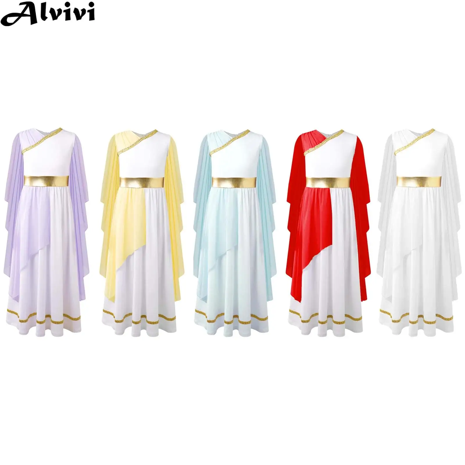 

Kids Girls Church Choir Worship Toga Gown Lyrical Dance Dress Halloween Ancient Greek Roman Athena Godness Cosplay Costume