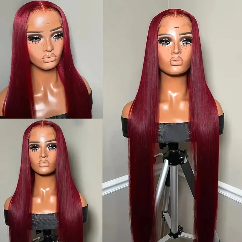 13×4 gerade Lace-Front-Perücken, Echthaar, Burgunderrot, 220 Dichte, transparent, vorgezupft, Lace-Frontal-Perücken für Frauen, rote Farbe 99J