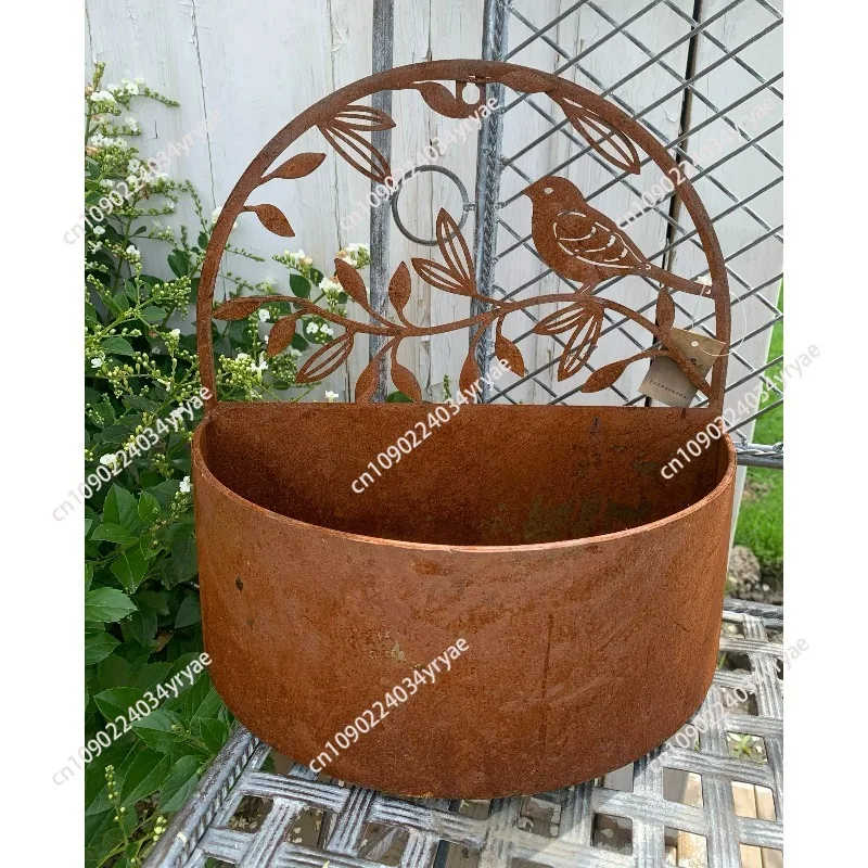 

Rustic Half-Round Wall or Tabletop Flower Pot with Bird and Leaf Ornaments
