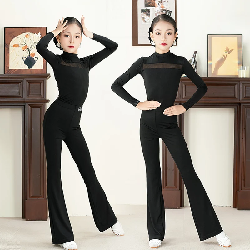 

Черная одежда для латинских танцев, детский черный танцевальный трико с длинными рукавами, штаны для латинских танцев, тренировочная одежда для танцев ча-ча-самбы VDL4448