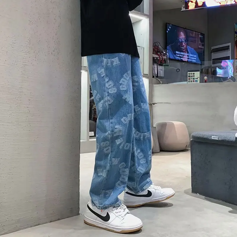 Men's Hip Hop Jeans High Street Trendy Versatile Ins Summer Thin Printed Wide Leg Man Pant Loose Baggy Male Trousers P13