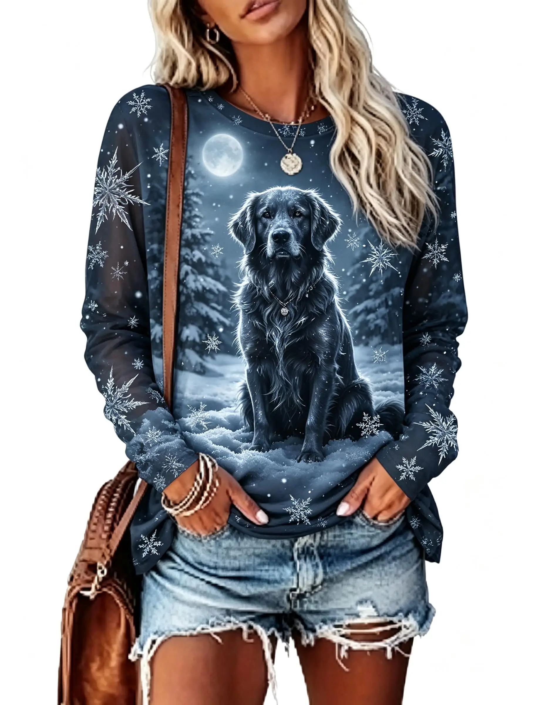 Women Christmas Long Sleeve T‑Shirt Black Dog Moon Snowflake Winter Scene Print Crew Neck Casual Tops