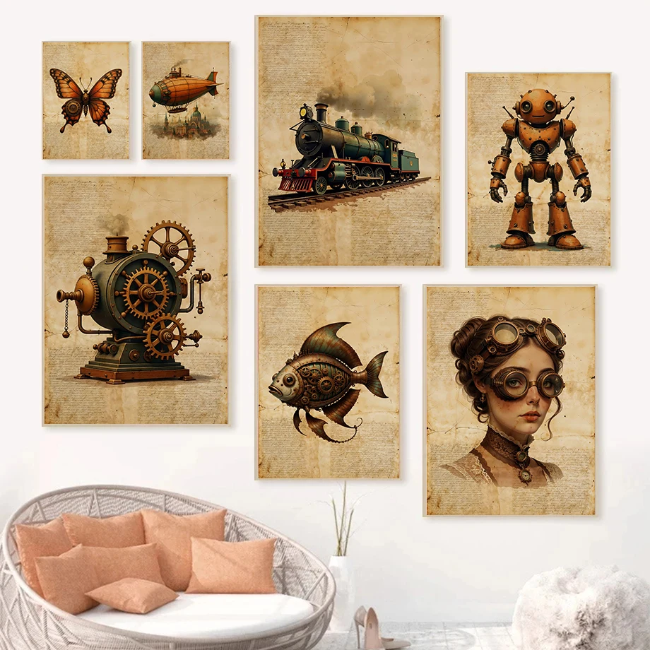 1pc frameless Canvas Painting Classic Vintage Steampunk Gramophone Airship Posters Robot Machine Gears Prints Canvas Painting Wa