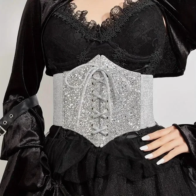 

Женский модный универсальный блестящий серебряный эластичный бандажный корсет, женский пояс, пальто, пояс, украшение для платья, широкий пояс